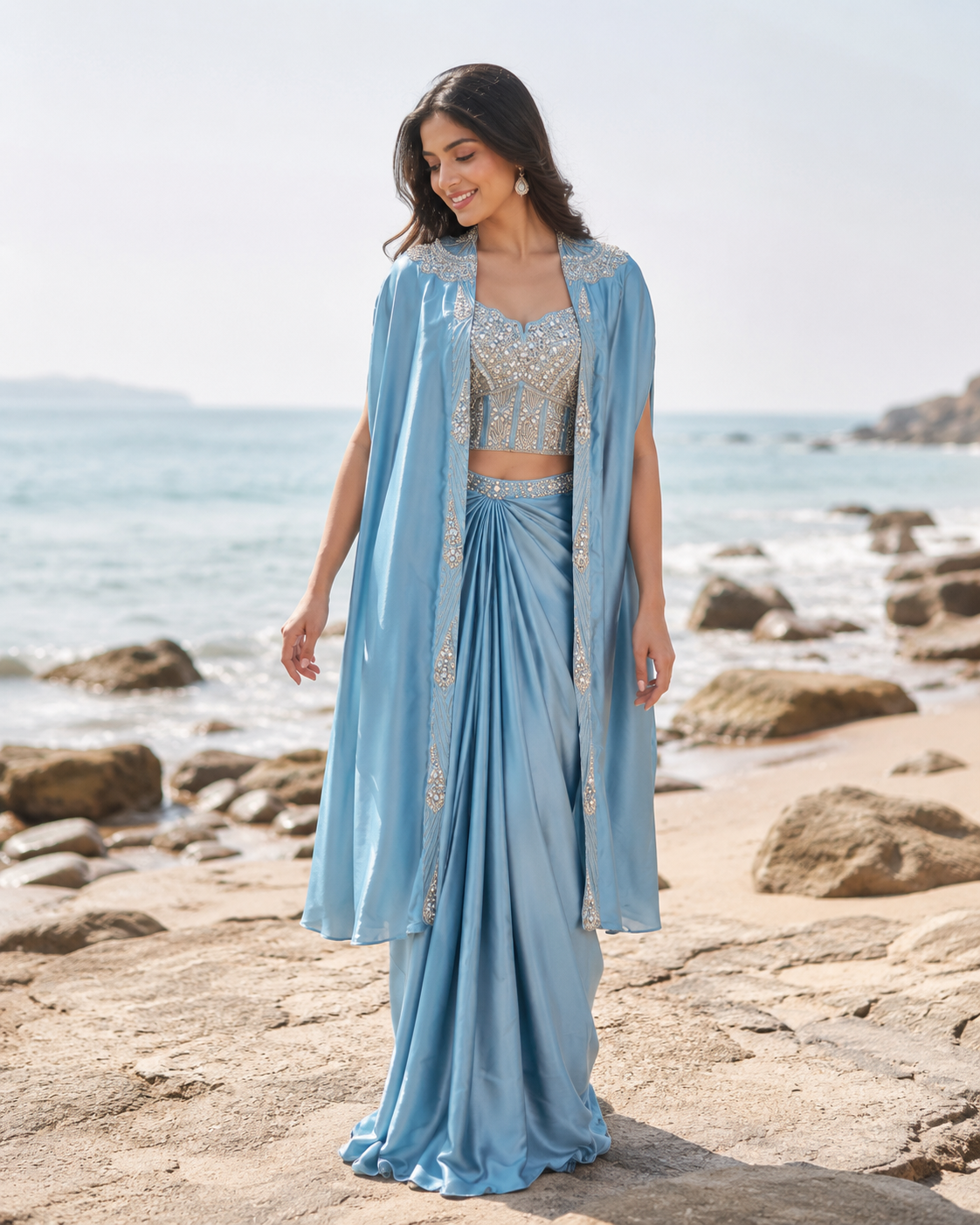 Ice Blue Pearl Cape Saree Set