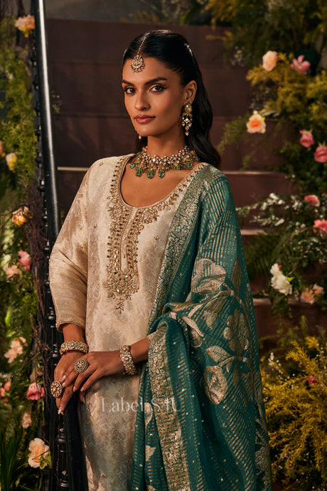Ivory Emerald Zari Luxe Sharara Set