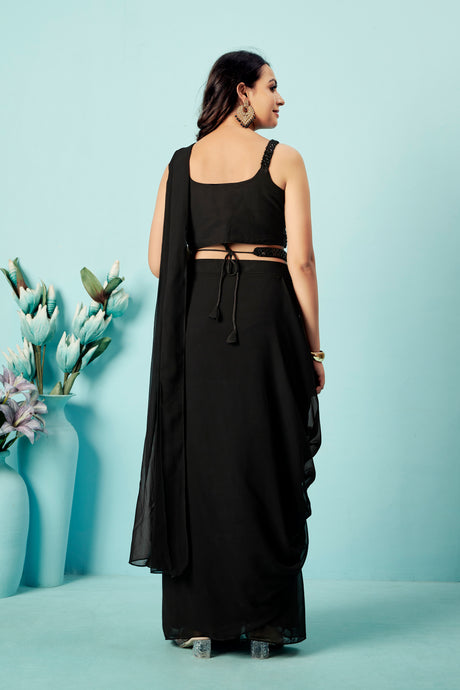 Jet Black Sequinned Pre-Draped Georgette Saree with Designer Blouse