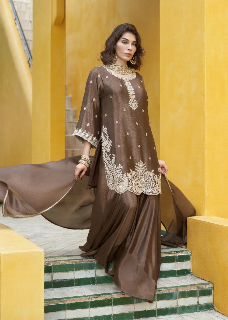 Mocha Noor Embroidered Sharara Ensemble