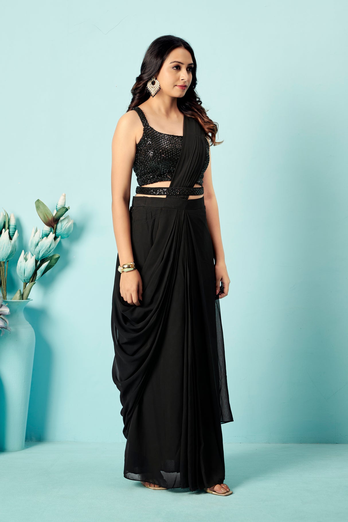 Jet Black Sequinned Pre-Draped Georgette Saree with Designer Blouse