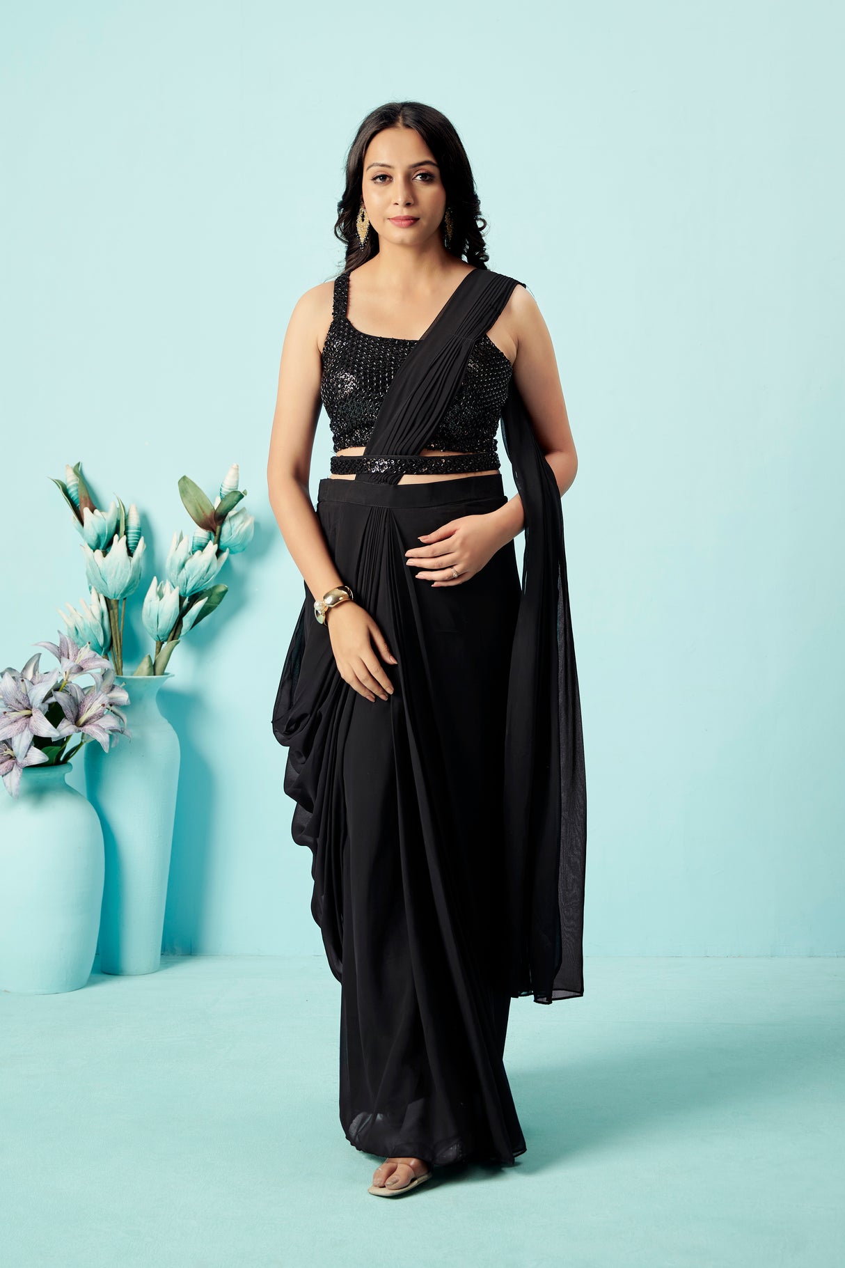 Jet Black Sequinned Pre-Draped Georgette Saree with Designer Blouse