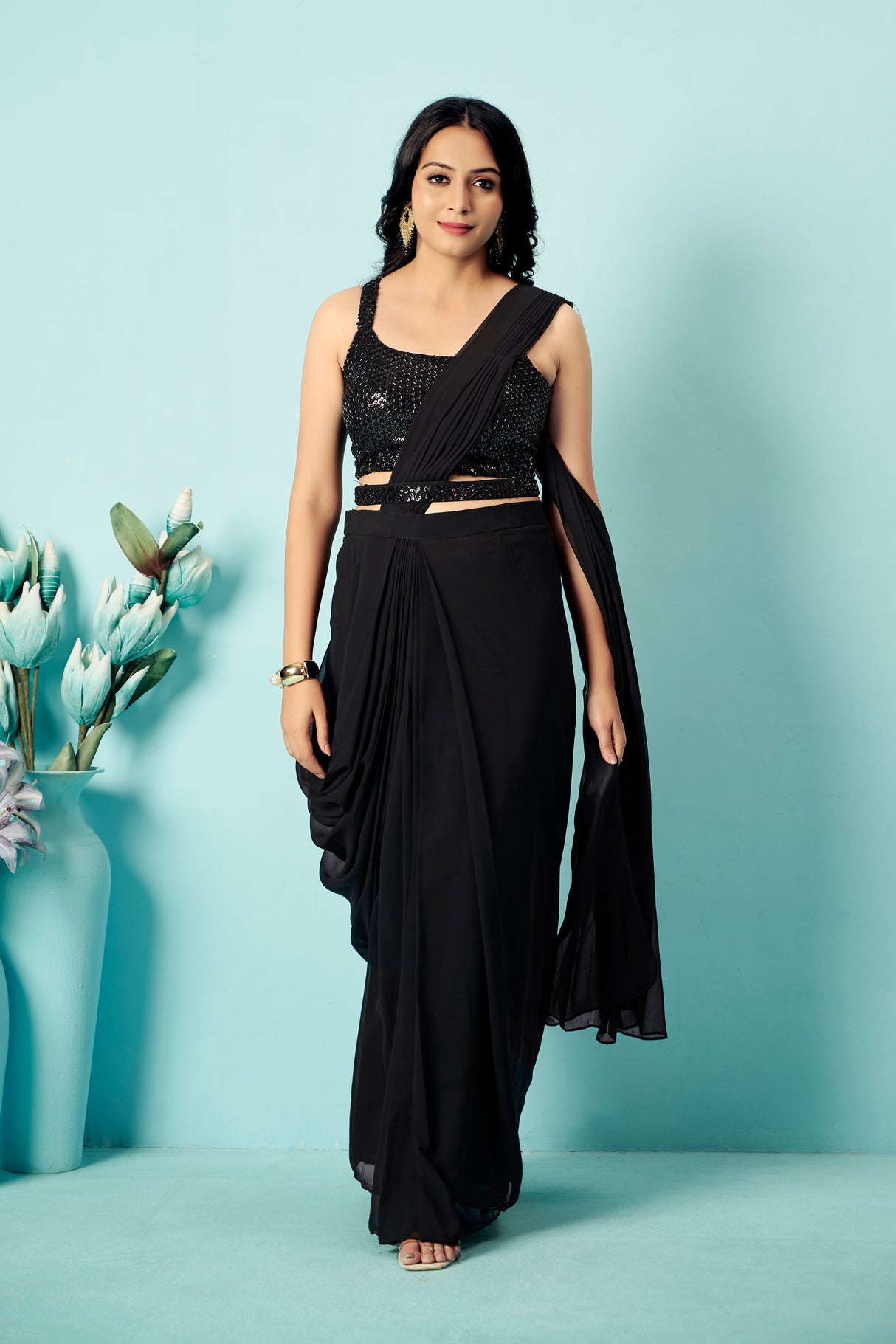 Jet Black Sequinned Pre-Draped Georgette Saree with Designer Blouse