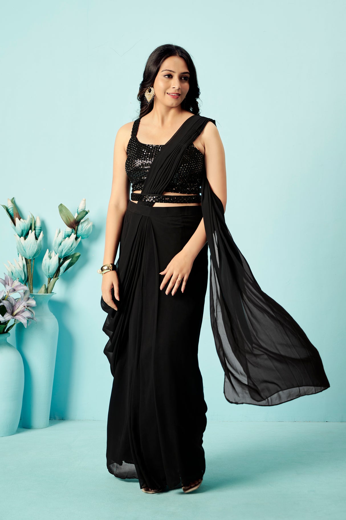 Jet Black Sequinned Pre-Draped Georgette Saree with Designer Blouse