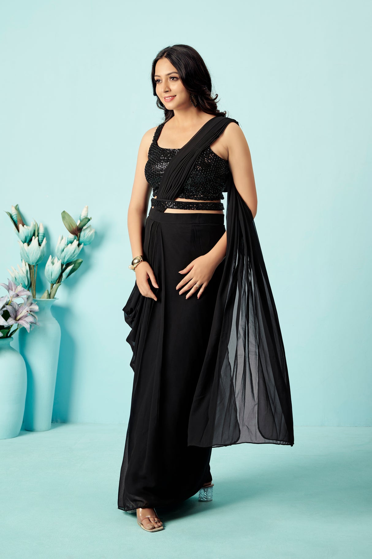 Jet Black Sequinned Pre-Draped Georgette Saree with Designer Blouse