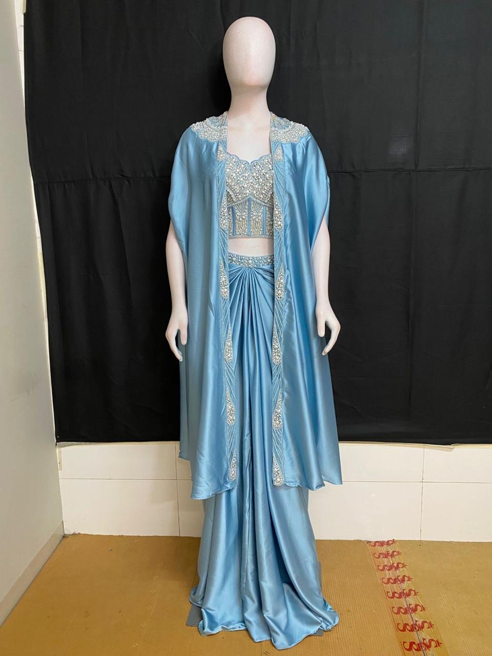 Ice Blue Pearl Cape Saree Set