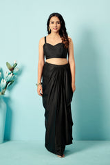 Jet Black Sequinned Pre-Draped Georgette Saree with Designer Blouse