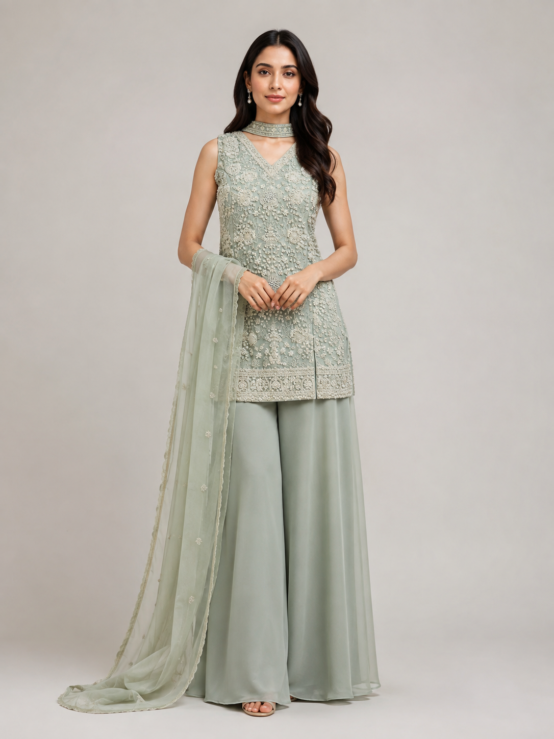 Sage grey palazzo set with dense silver beadwork on a sleeveless top
