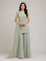 Sage grey palazzo set with dense silver beadwork on a sleeveless top