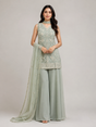 Sage grey palazzo set with dense silver beadwork on a sleeveless top