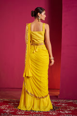 Marigold Mirror Work Saree Gown – Festive Fusion of Tradition and Modern Glamour