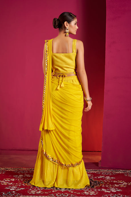Marigold Mirror Work Saree Gown – Festive Fusion of Tradition and Modern Glamour