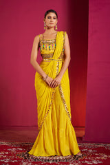 Marigold Mirror Work Saree Gown – Festive Fusion of Tradition and Modern Glamour