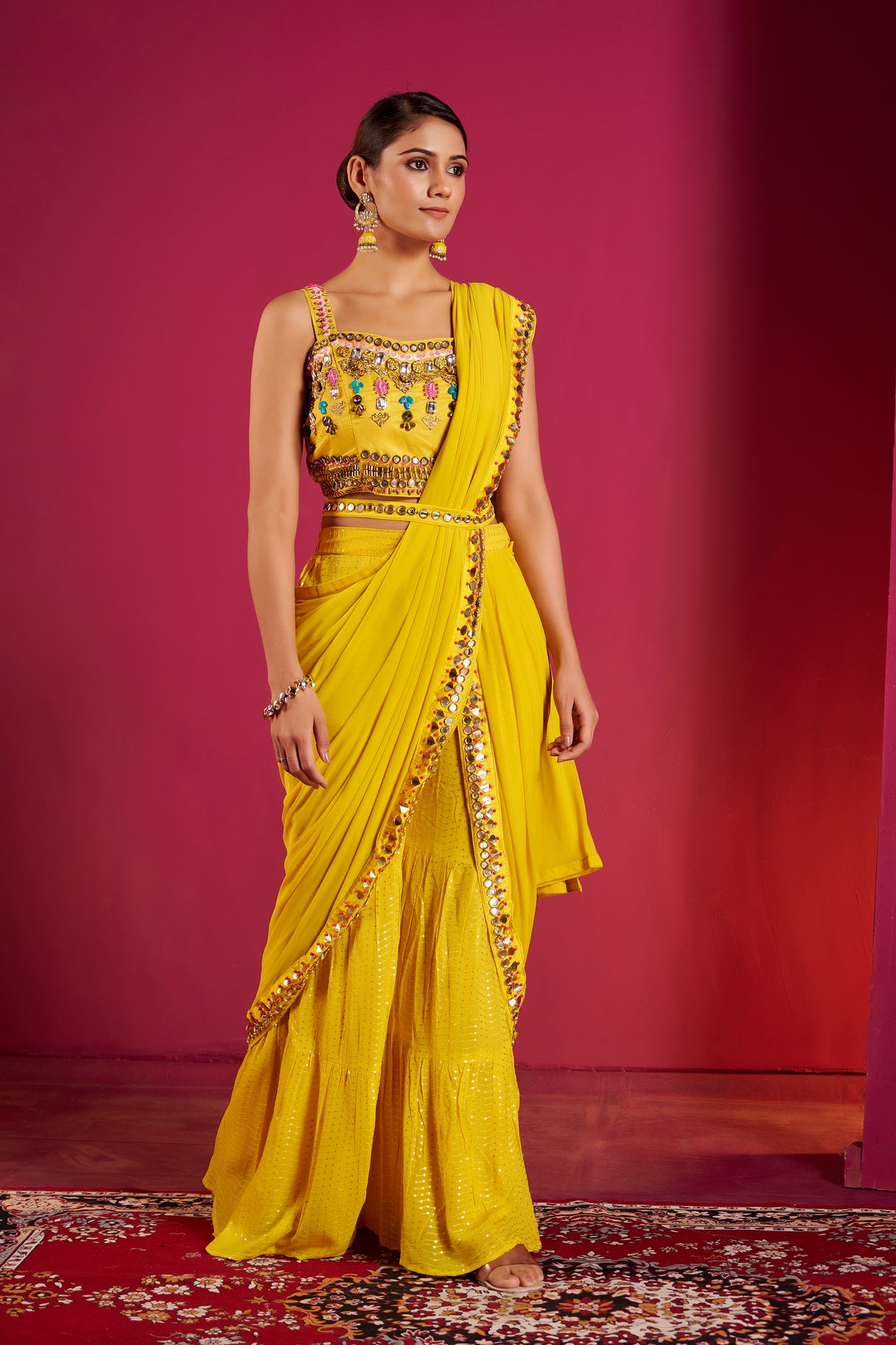 Marigold Mirror Work Saree Gown – Festive Fusion of Tradition and Modern Glamour