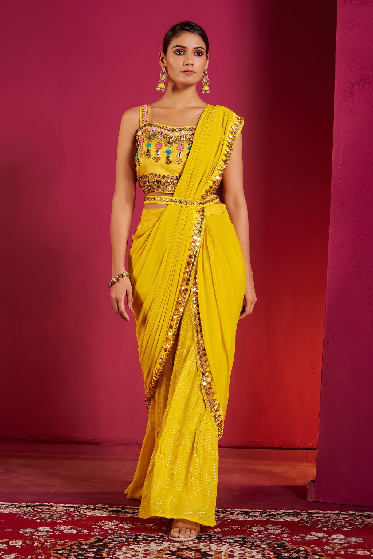 Marigold Mirror Work Saree Gown – Festive Fusion of Tradition and Modern Glamour