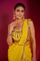 Marigold Mirror Work Saree Gown – Festive Fusion of Tradition and Modern Glamour