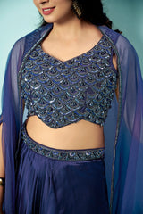 Midnight Blue Pre-Draped Saree with Embellished Blouse & Sheer Cape