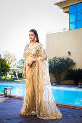 Golden Mirage Hand Embellished Champagne-Gold Net Saree Set with Mirror Work & Sequin Blouse | Luxury Evening Saree