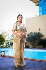 Golden Mirage Hand Embellished Champagne-Gold Net Saree Set with Mirror Work & Sequin Blouse | Luxury Evening Saree