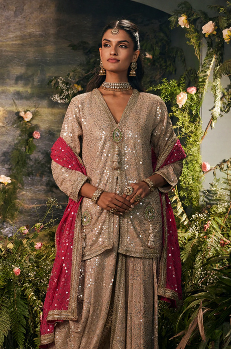 Beige Sequin Embroidered  Sharara Set