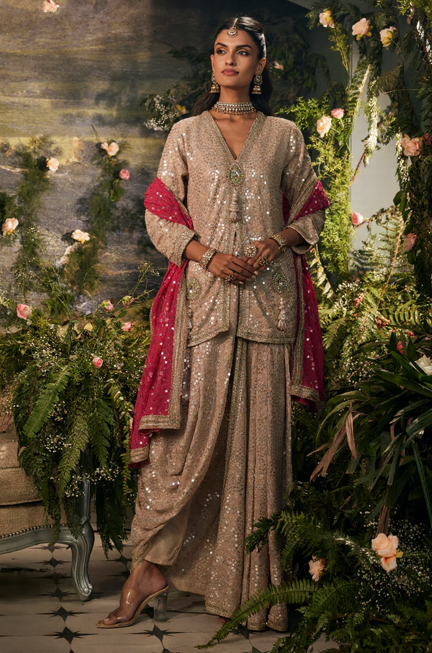 Beige Sequin Embroidered  Sharara Set