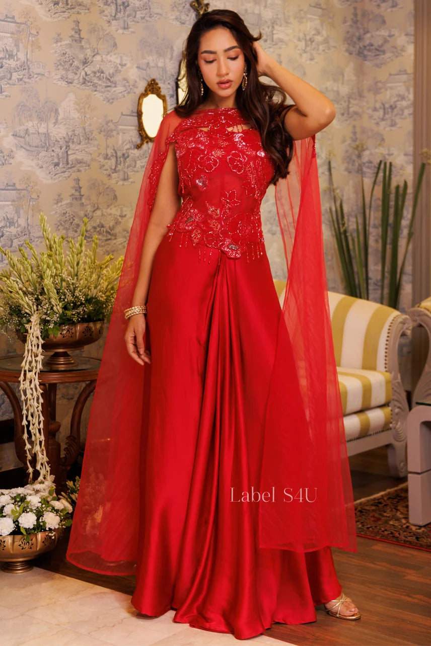 Scarlet Crystal Floral Cape Palazzo Ensemble
