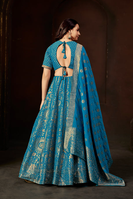 Royal Blue Zari Embroidered Silk Lehenga Set with Mirror Work Blouse & Dupatta