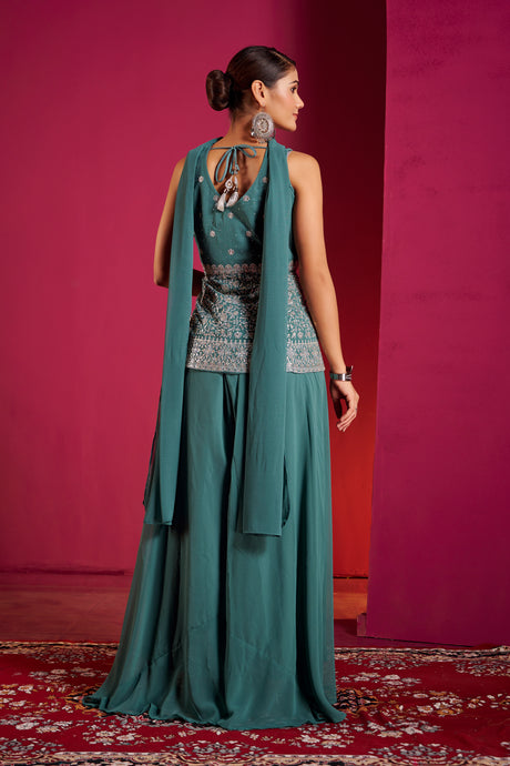 Teal Silver Zari Embroidered Sharara Set – Regal Elegance with a Modern Indian Touch