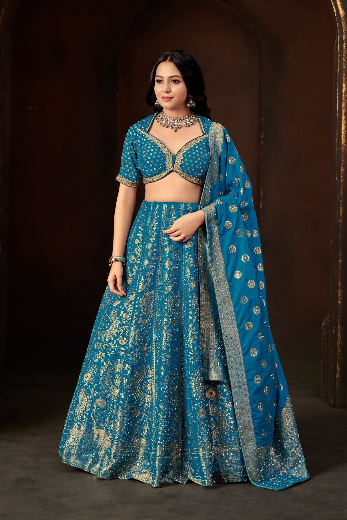 Royal Blue Zari Embroidered Silk Lehenga Set with Mirror Work Blouse & Dupatta