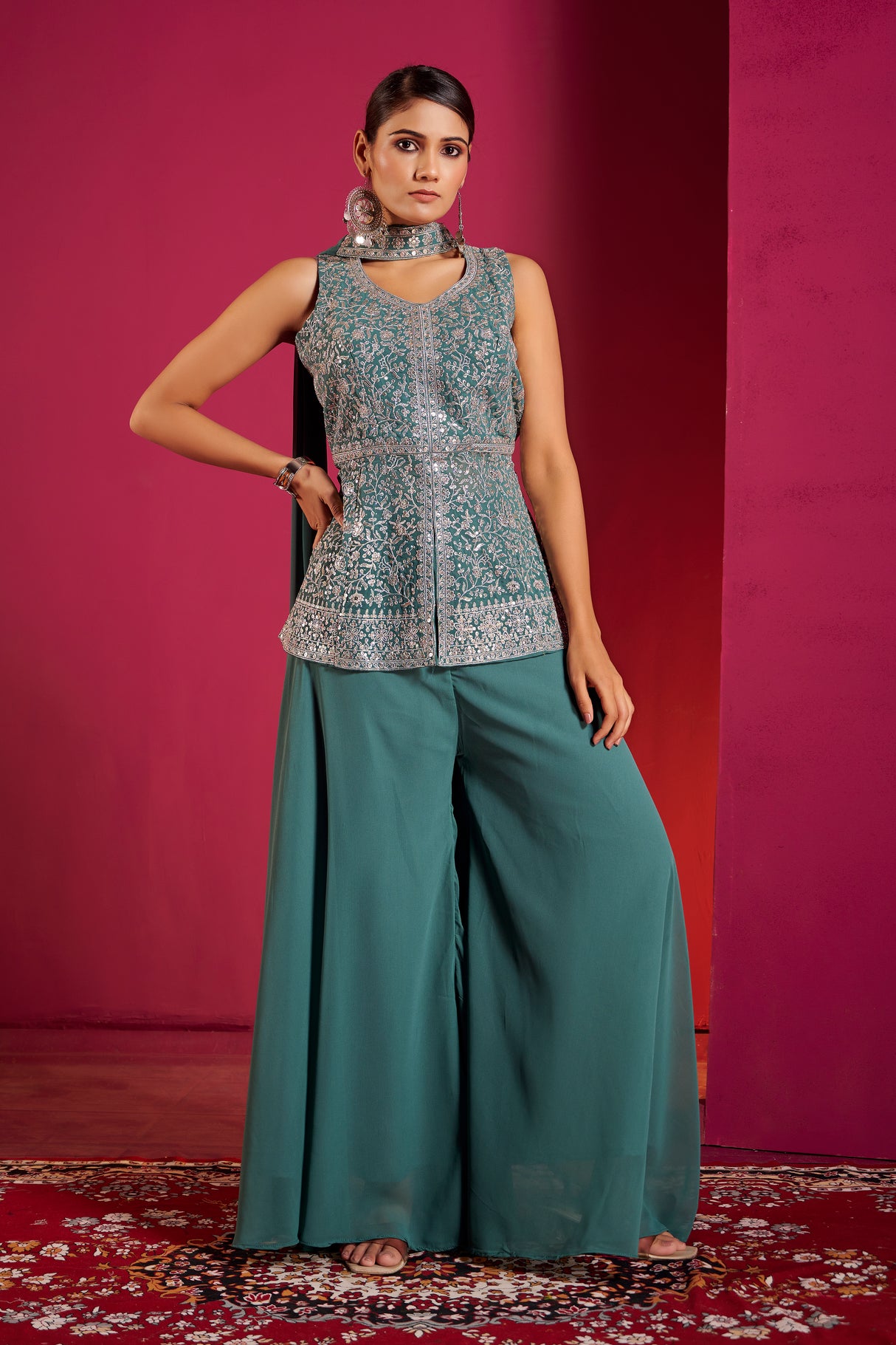 Teal Silver Zari Embroidered Sharara Set – Regal Elegance with a Modern Indian Touch