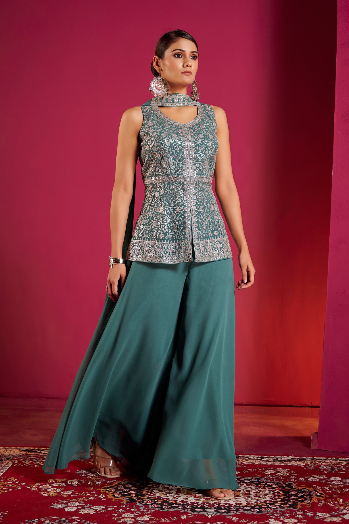 Teal Silver Zari Embroidered Sharara Set – Regal Elegance with a Modern Indian Touch