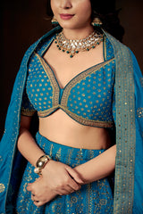 Royal Blue Zari Embroidered Silk Lehenga Set with Mirror Work Blouse & Dupatta