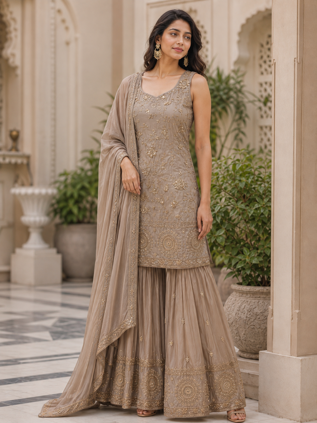 Champagne Taupe Gold Embroidered Sharara Couture Ensemble