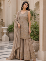 Champagne Taupe Gold Embroidered Sharara Couture Ensemble