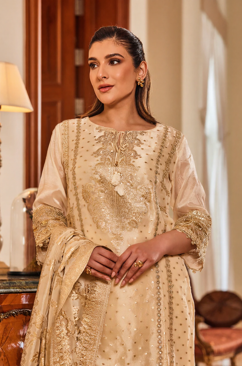 Ivory Gold Embroidered Kurta Set with Dupatta