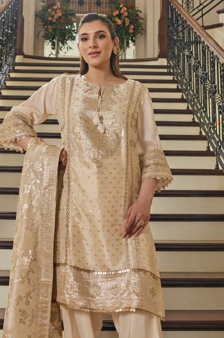 Ivory Gold Embroidered Kurta Set with Dupatta