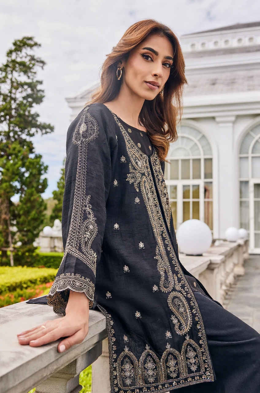 Black Embroidered Jacket Style Kurta Palazzo Set