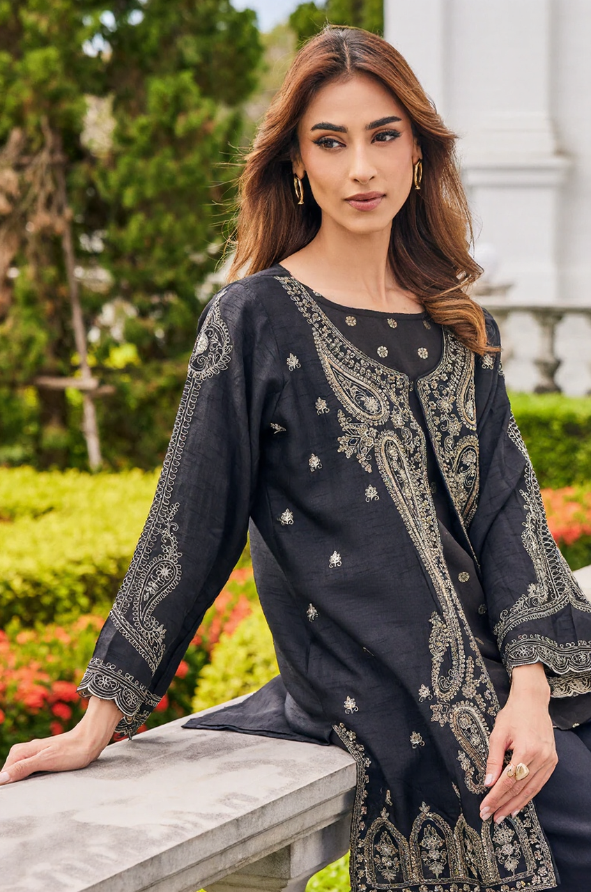 Black Embroidered Jacket Style Kurta Palazzo Set
