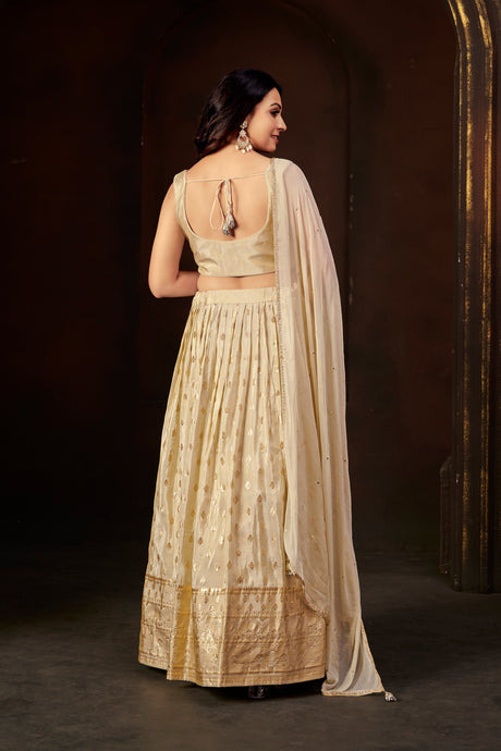 Champagne Gold Silk Embellished Lehenga Set with Sleeveless Beaded Blouse & Organza Dupatta