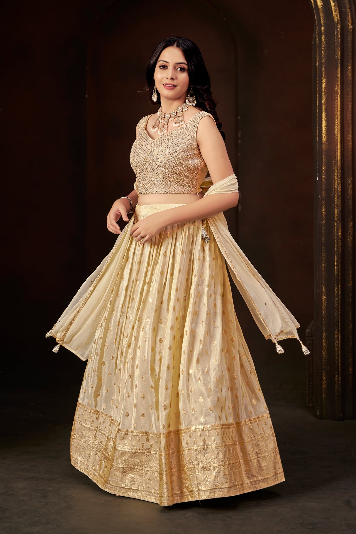 Champagne Gold Silk Embellished Lehenga Set with Sleeveless Beaded Blouse & Organza Dupatta