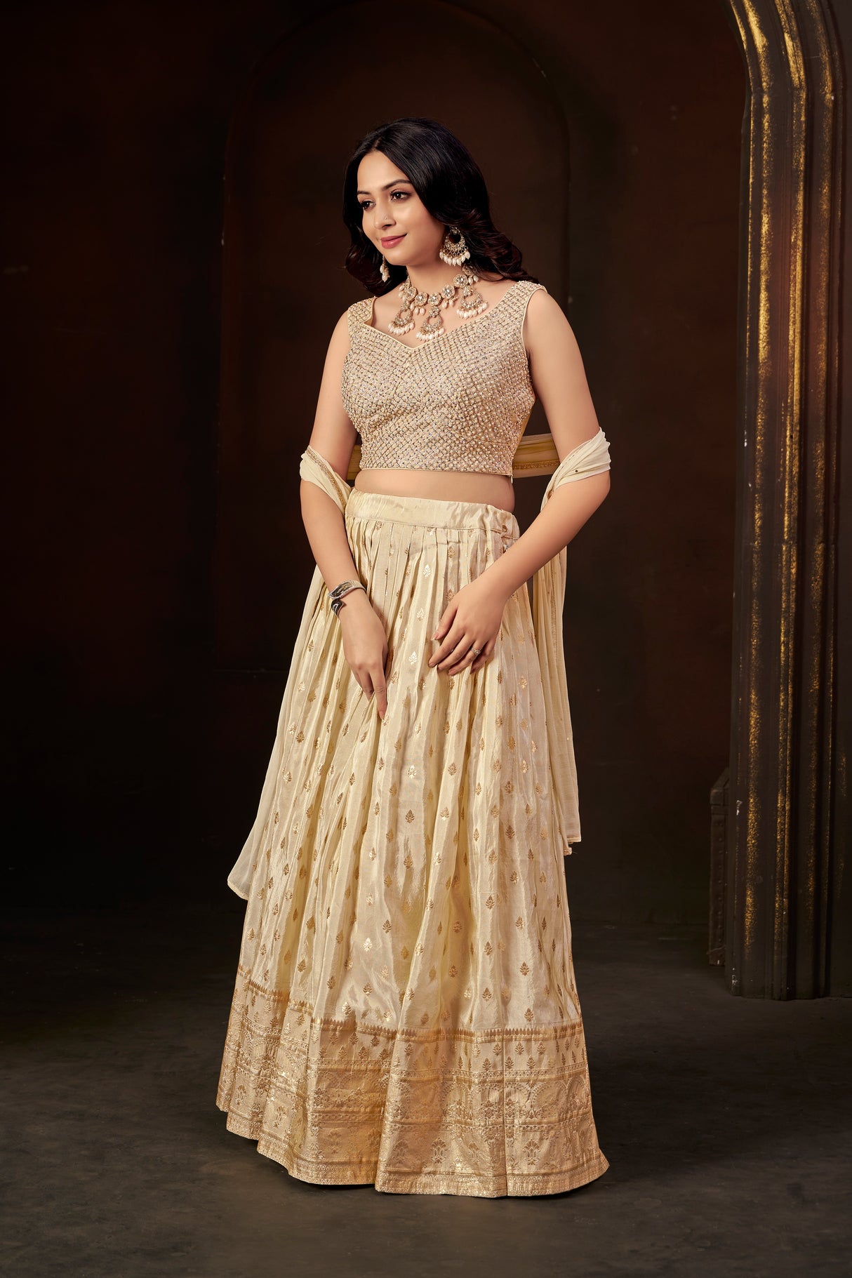 Champagne Gold Silk Embellished Lehenga Set with Sleeveless Beaded Blouse & Organza Dupatta