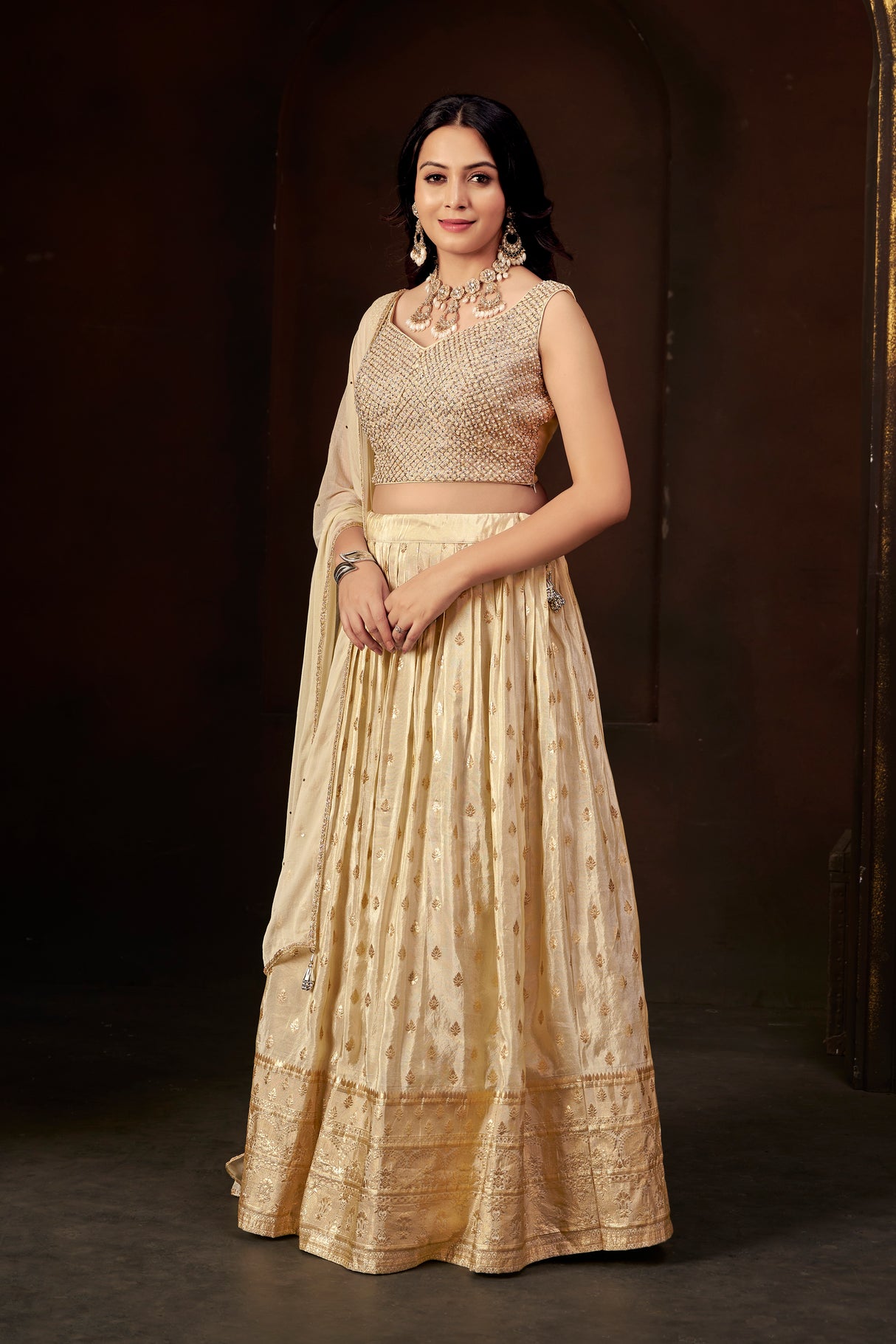Champagne Gold Silk Embellished Lehenga Set with Sleeveless Beaded Blouse & Organza Dupatta