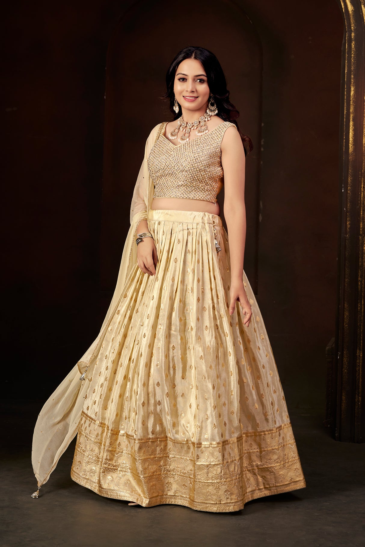 Champagne Gold Silk Embellished Lehenga Set with Sleeveless Beaded Blouse & Organza Dupatta