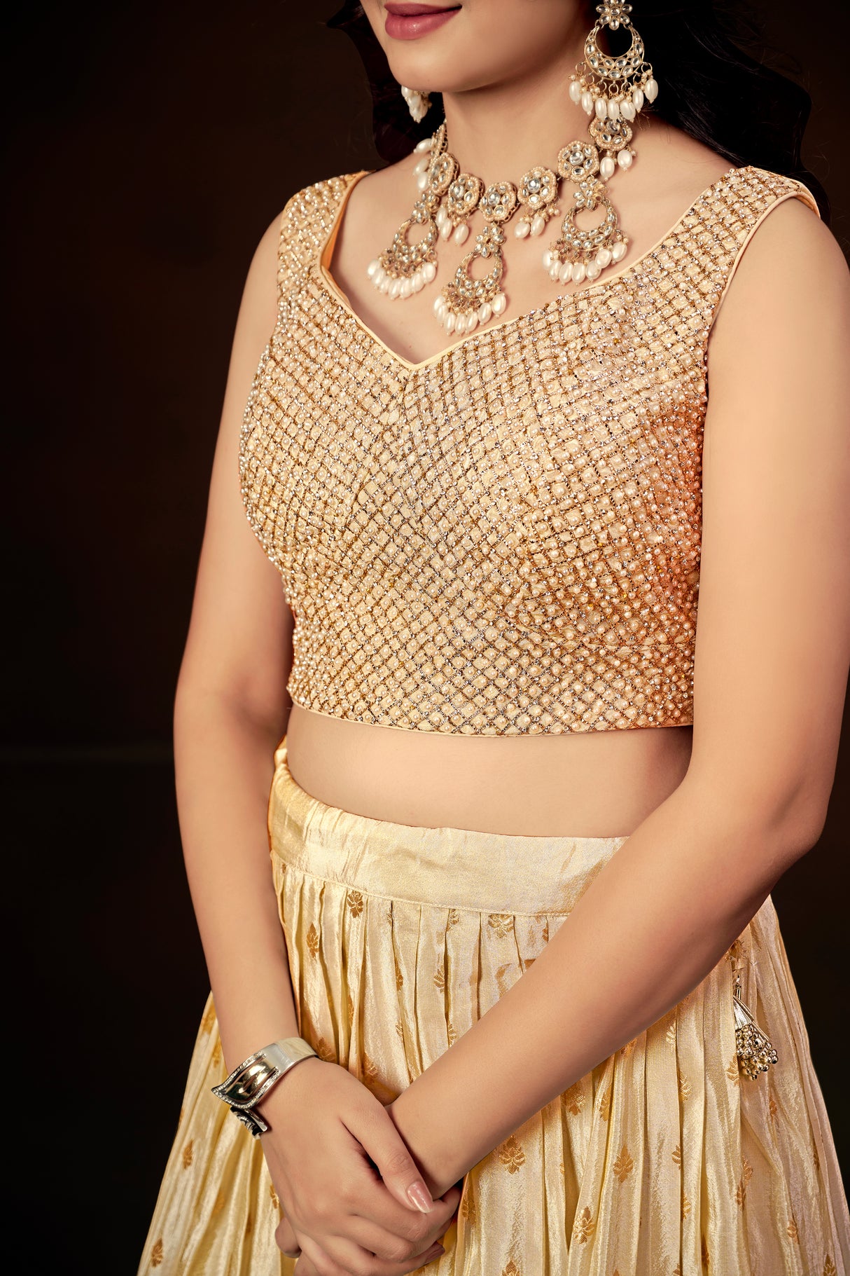 Champagne Gold Silk Embellished Lehenga Set with Sleeveless Beaded Blouse & Organza Dupatta