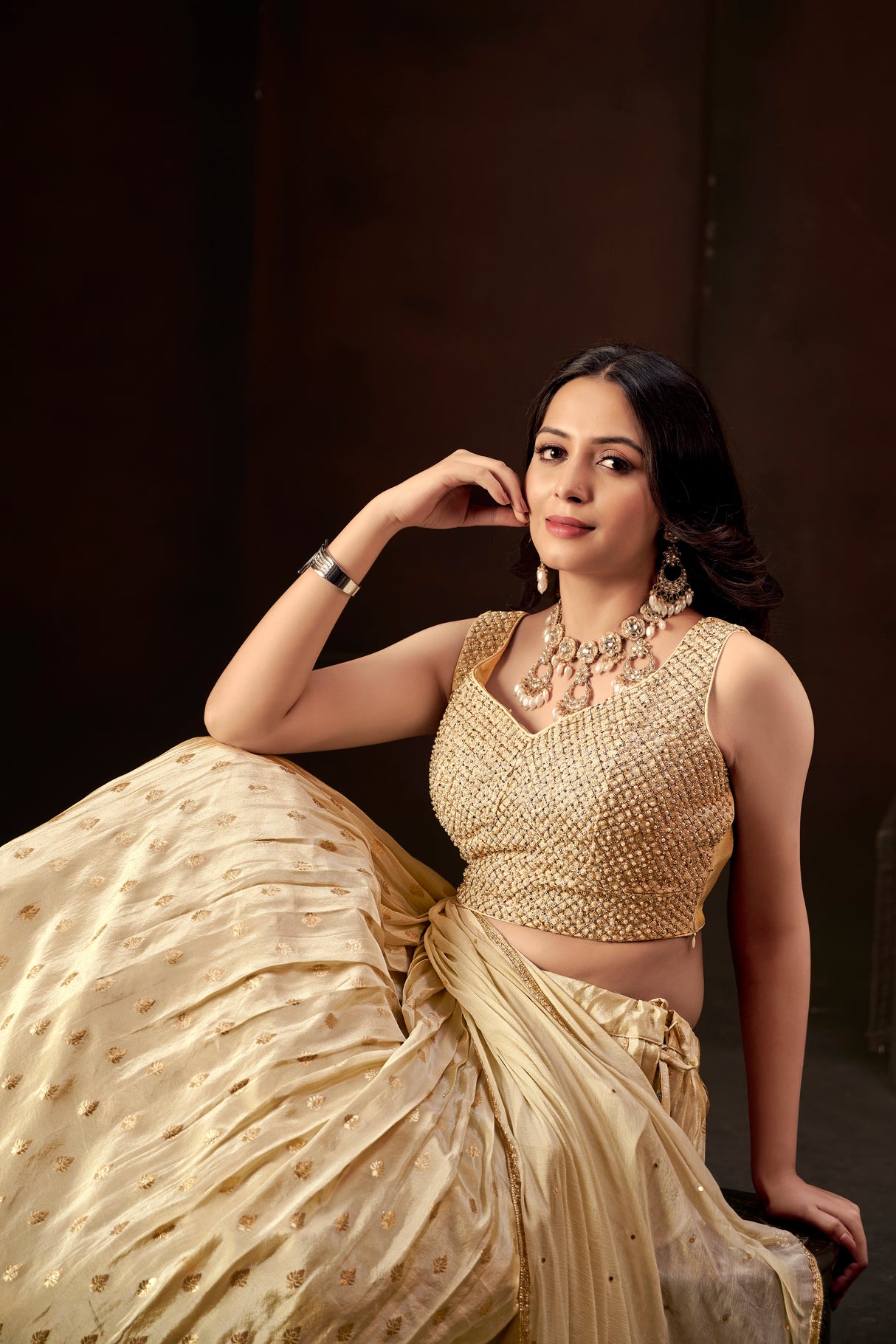 Champagne Gold Silk Embellished Lehenga Set with Sleeveless Beaded Blouse & Organza Dupatta