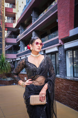 Noir Luxe Black Sequin Net Saree Set with Hand-Embroidered Blouse | Evening Wear & Cocktail Party Saree