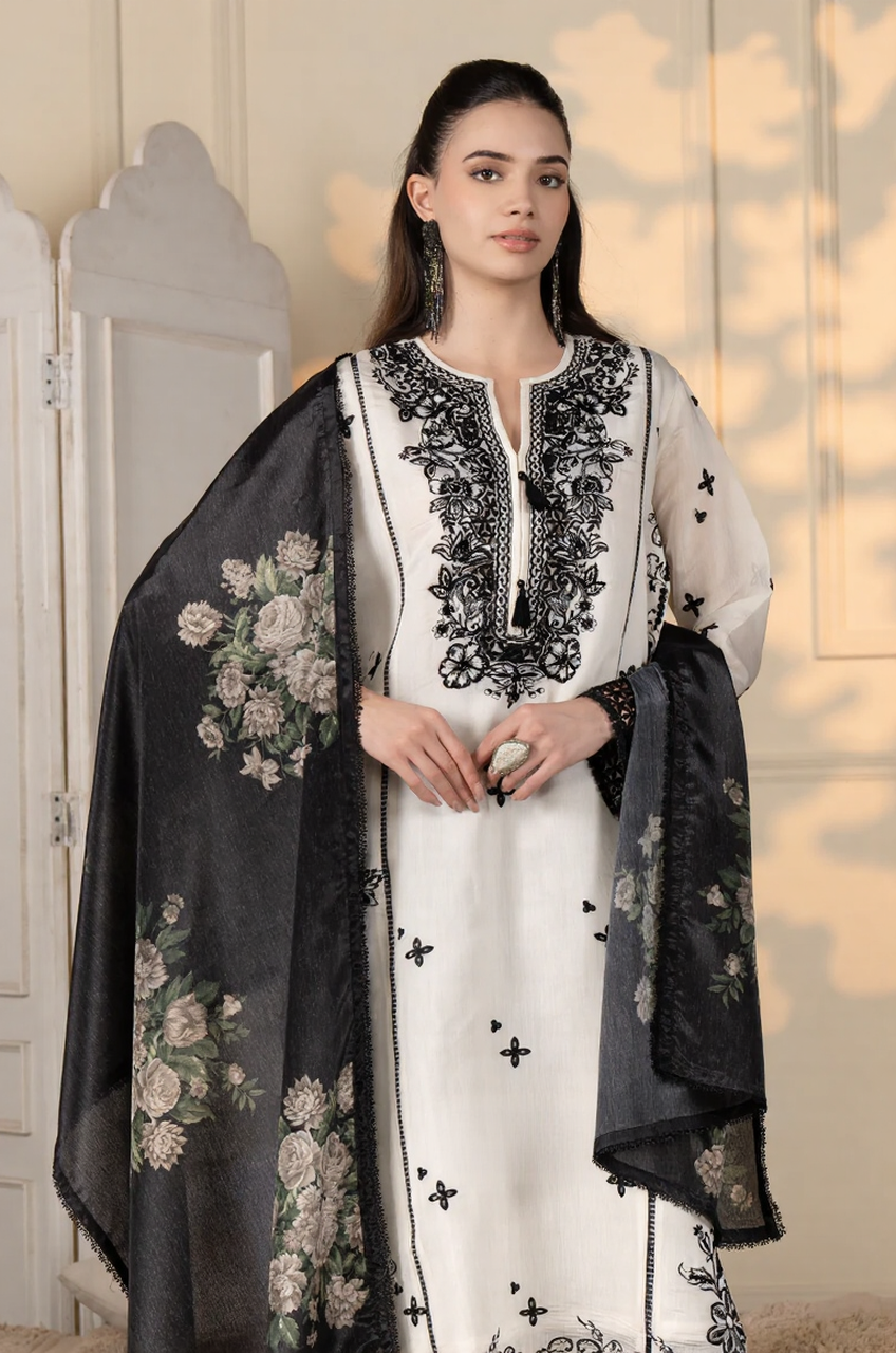 White & Black Embroidered Kurta Set with Floral Dupatta