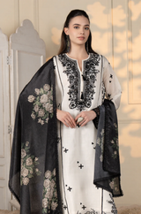 White & Black Embroidered Kurta Set with Floral Dupatta