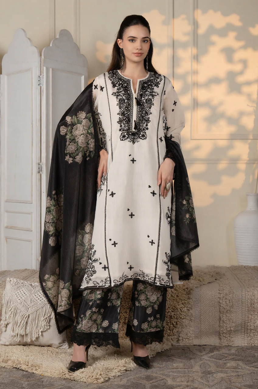 White & Black Embroidered Kurta Set with Floral Dupatta