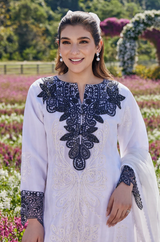 White & Black Embroidered Kurta Pant Set with Dupatta